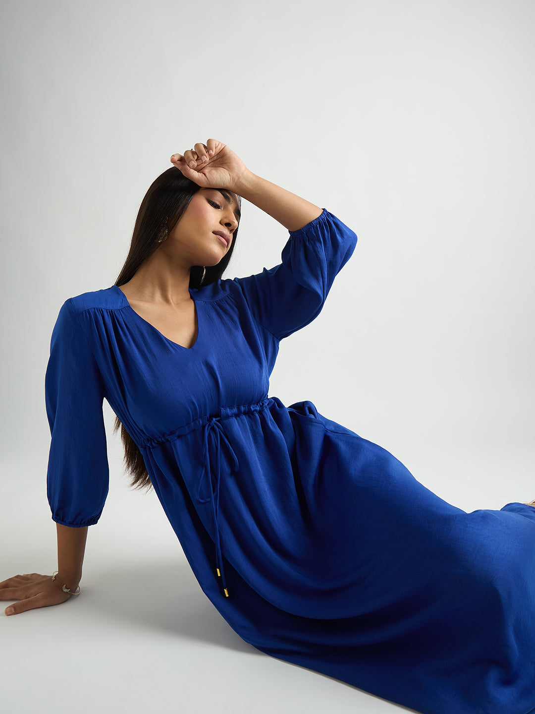 Royal Blue Satin Ruched Waist Midi Dress