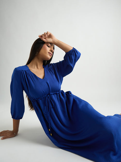 Royal Blue Satin Ruched Waist Midi Dress