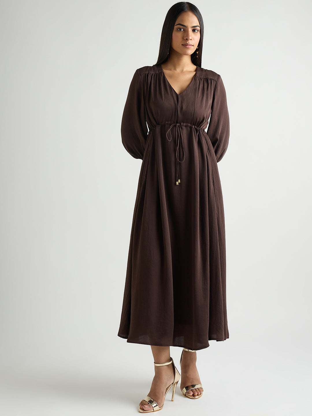 Coffee Brown Satin Ruched Waist Midi Dress