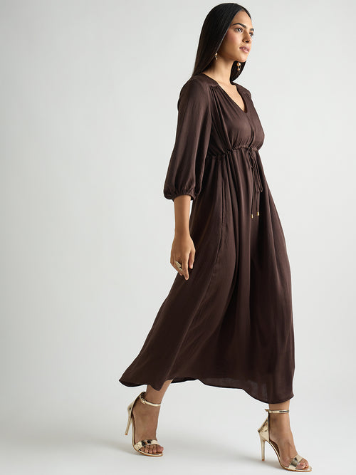 Coffee Brown Satin Ruched Waist Midi Dress