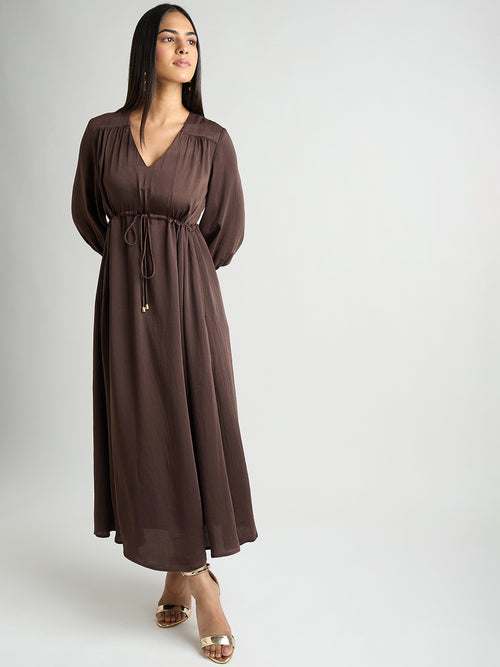 Coffee Brown Satin Ruched Waist Midi Dress