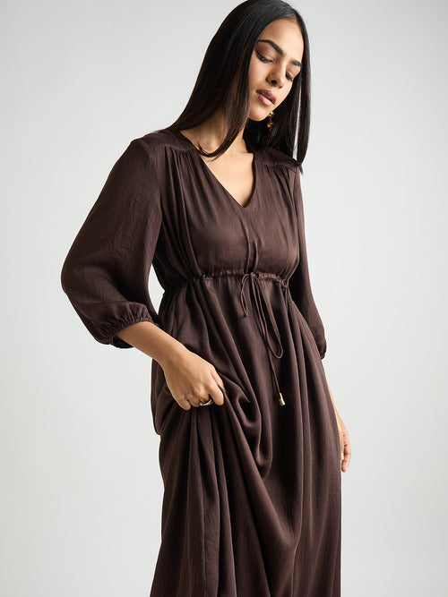 Coffee Brown Satin Ruched Waist Midi Dress