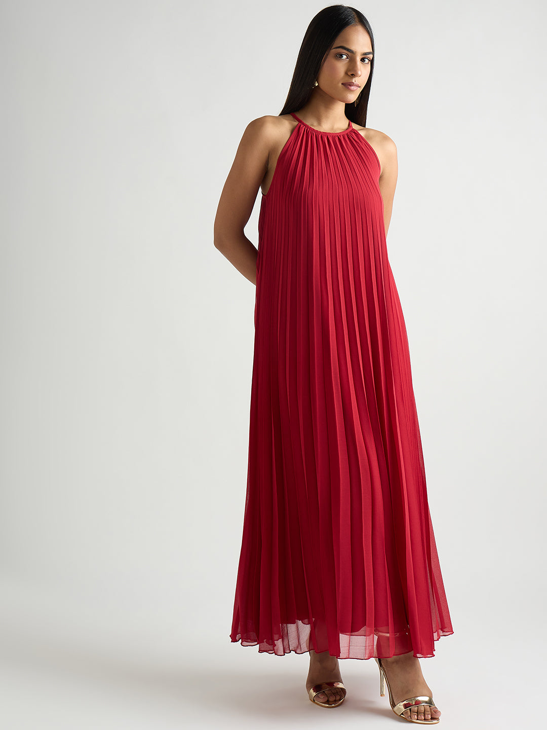 Red Halter Neck Pleated Maxi Dress