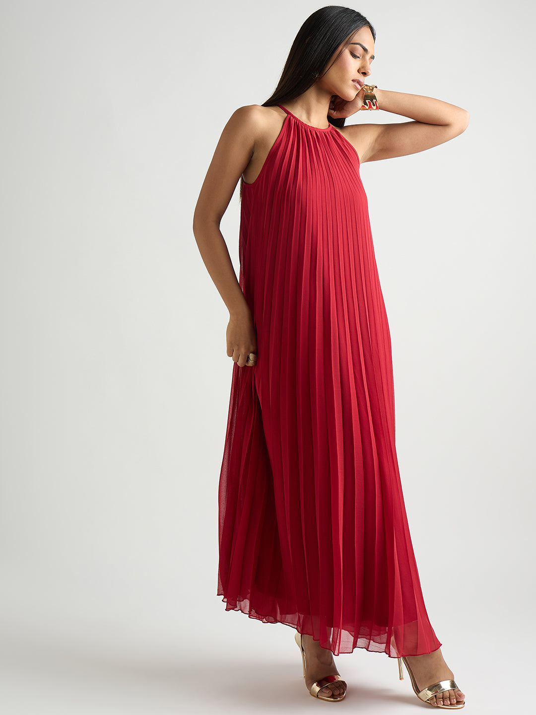 Red Halter Neck Pleated Maxi Dress