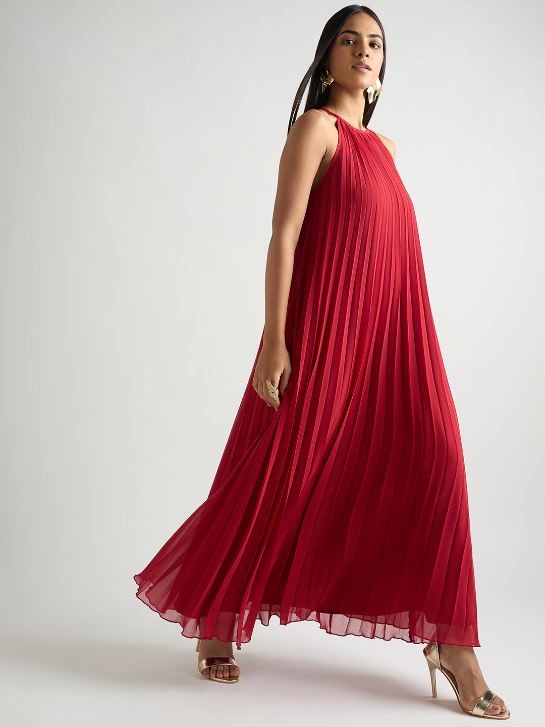 Red Halter Neck Pleated Maxi Dress