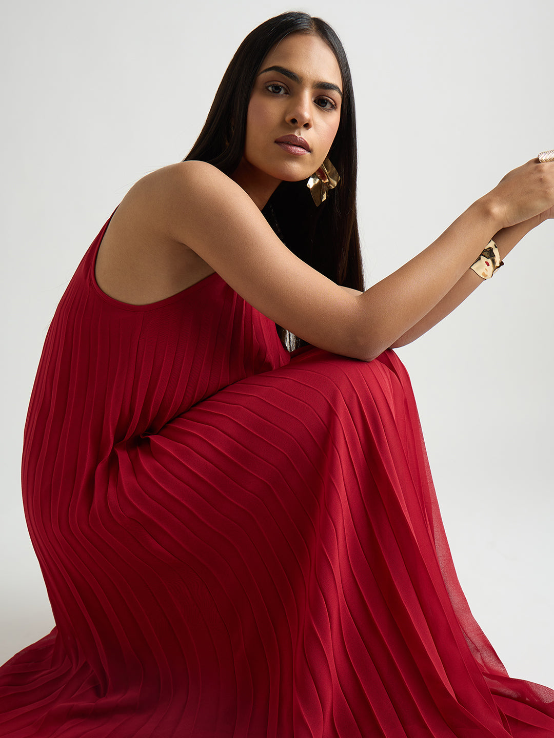 Red Halter Neck Pleated Maxi Dress