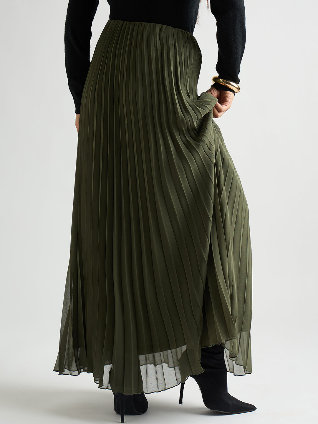 Olive Pleated Maxi Skirt