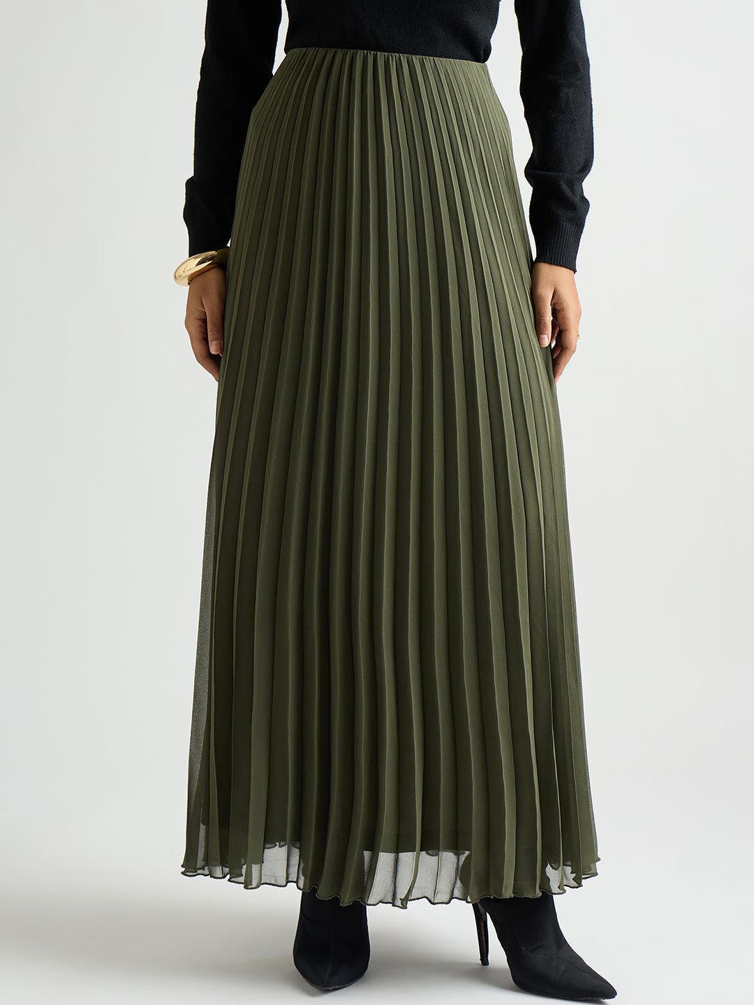 Olive Pleated Maxi Skirt