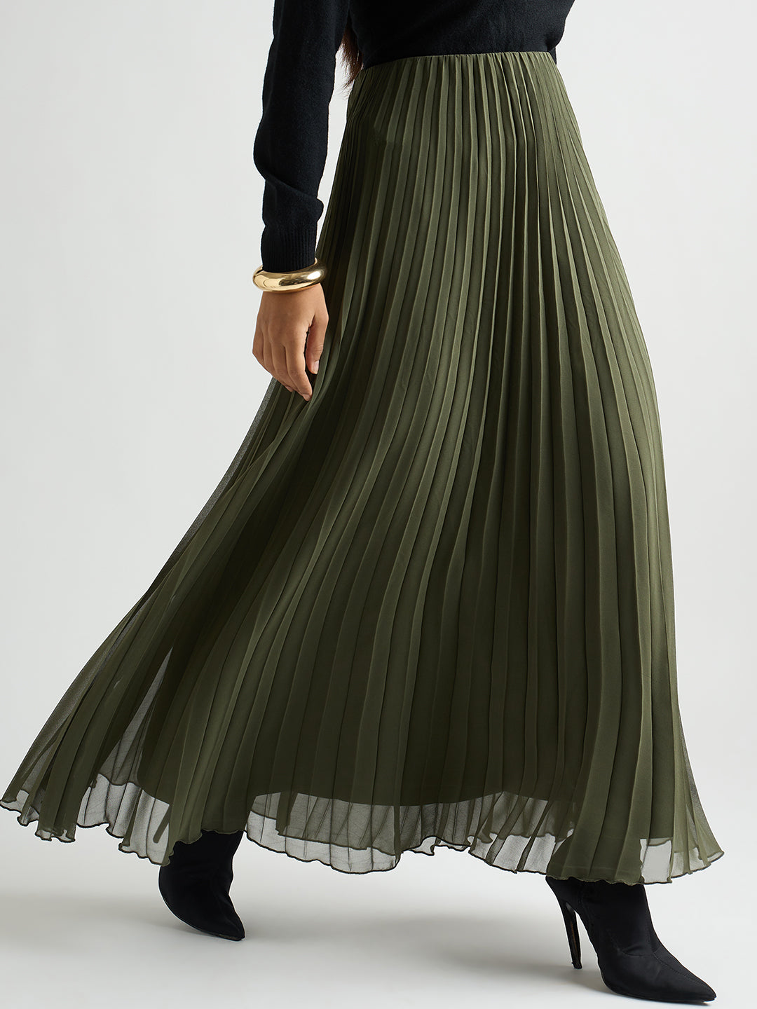 Olive Pleated Maxi Skirt