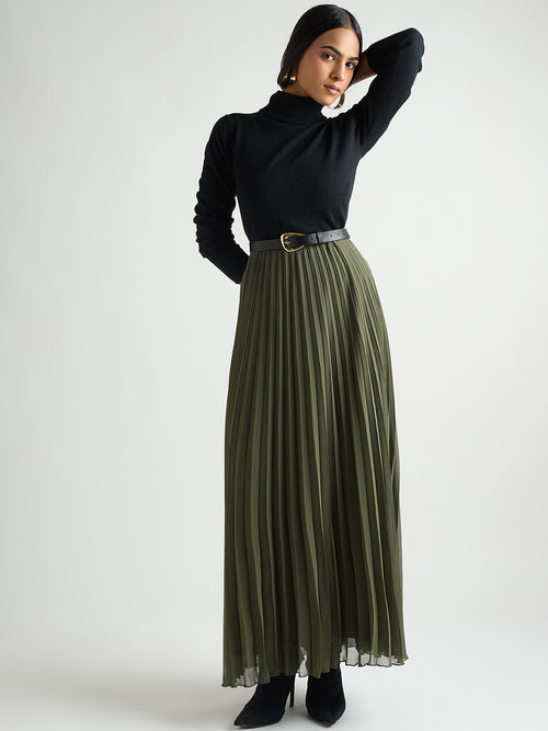 Olive Pleated Maxi Skirt