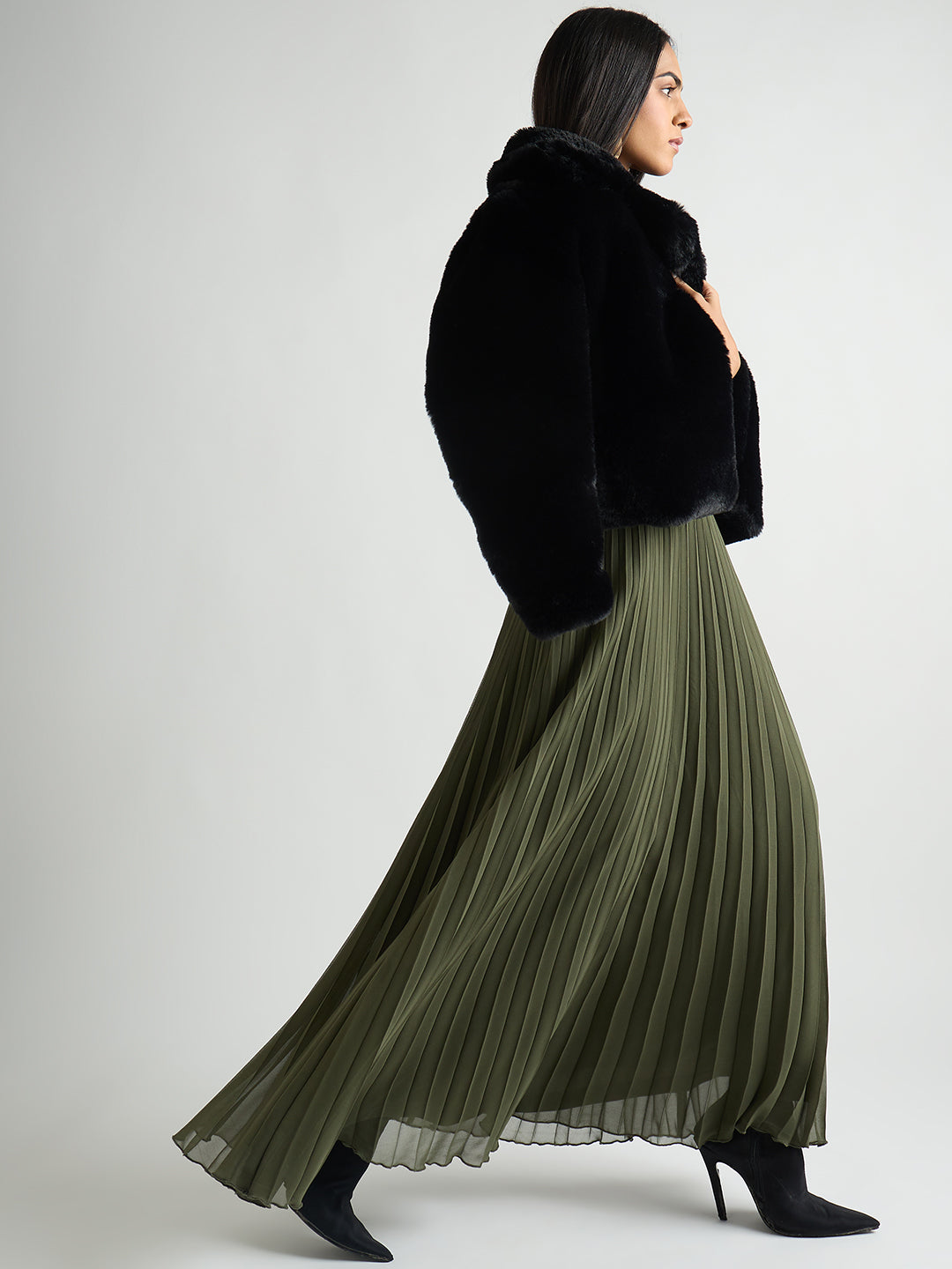 Olive Pleated Maxi Skirt