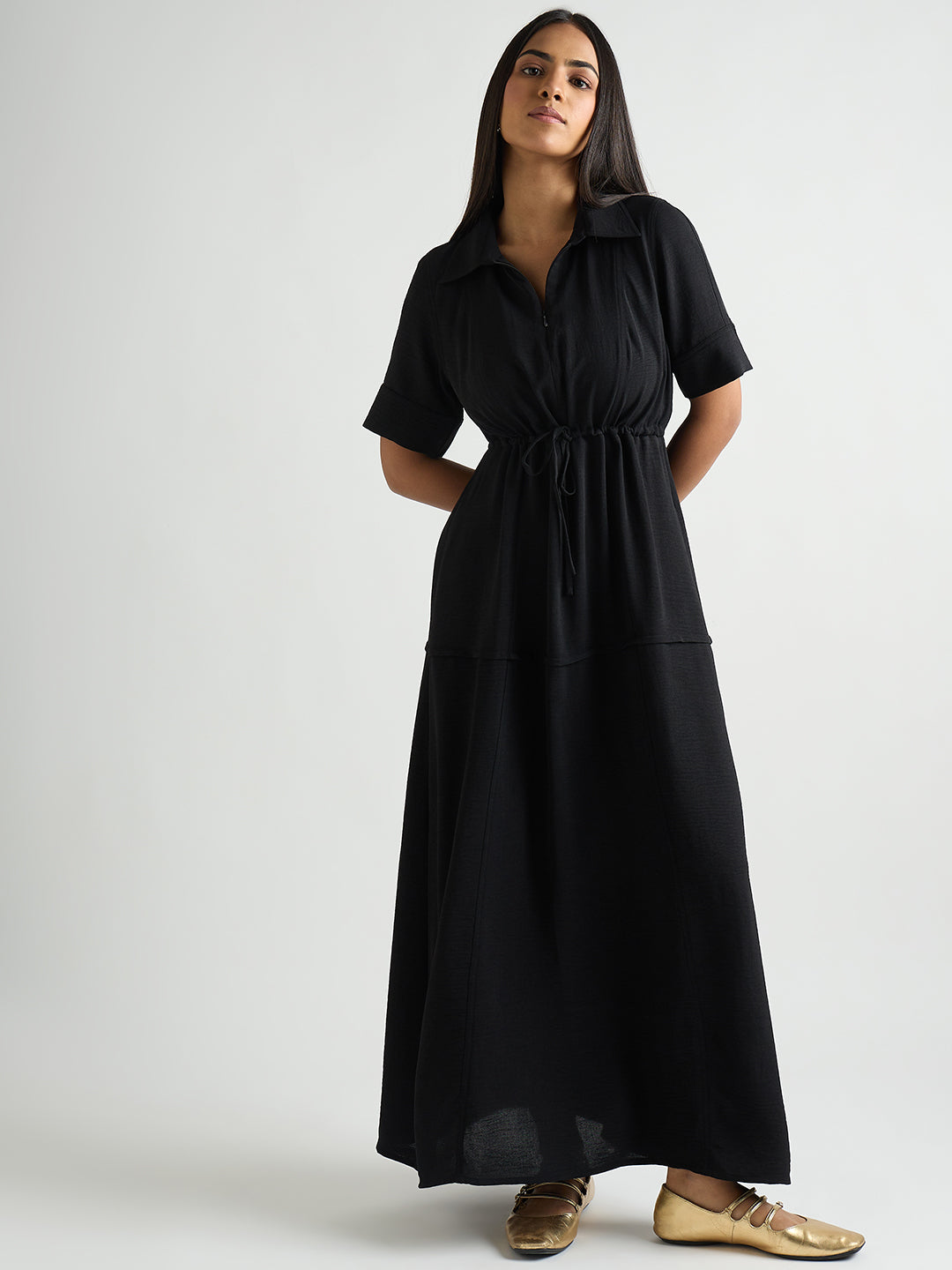 Black Half Zipper Maxi Dress