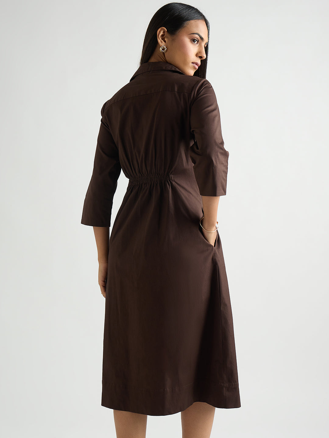 Coffee Brown Poplin Cinched Waist Midi Dress