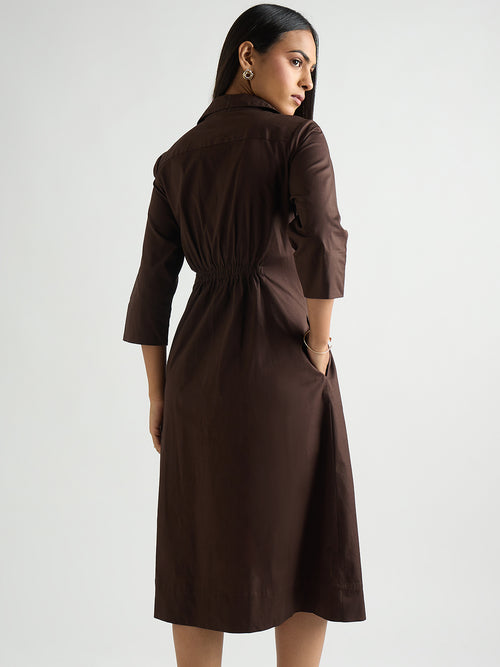 Coffee Brown Poplin Cinched Waist Midi Dress