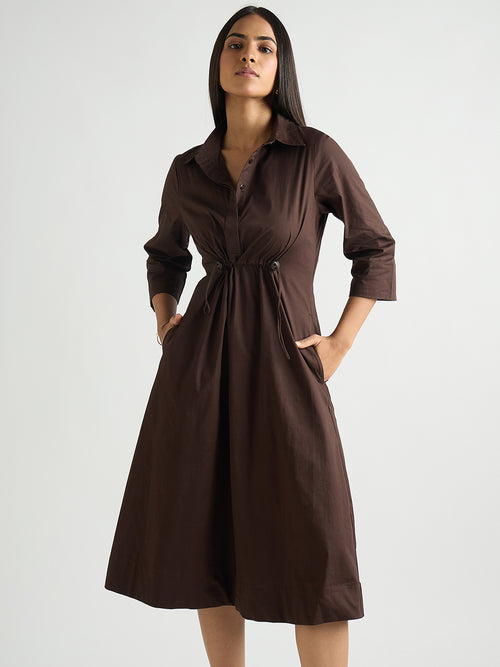 Coffee Brown Poplin Cinched Waist Midi Dress