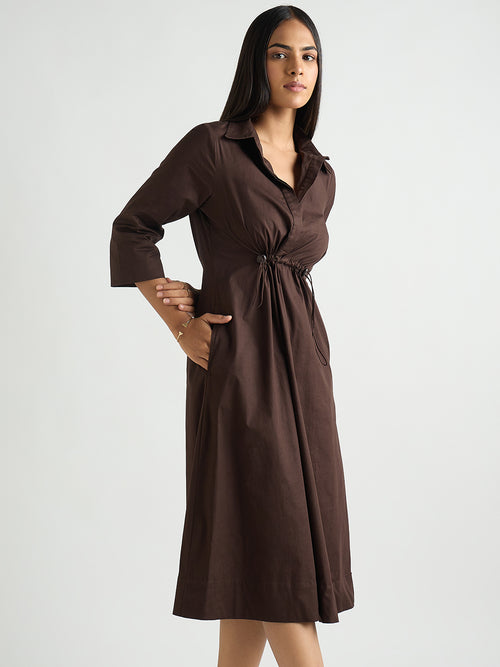 Coffee Brown Poplin Cinched Waist Midi Dress