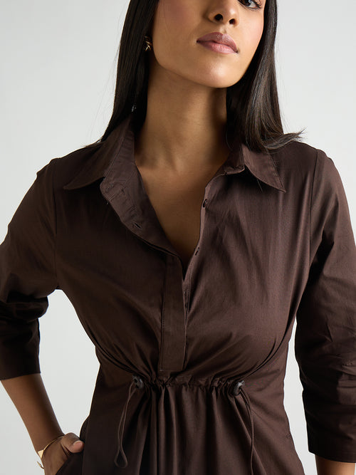 Coffee Brown Poplin Cinched Waist Midi Dress