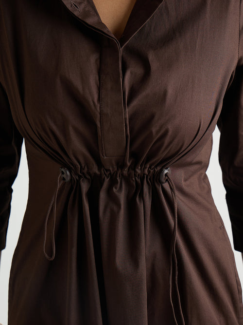 Coffee Brown Poplin Cinched Waist Midi Dress