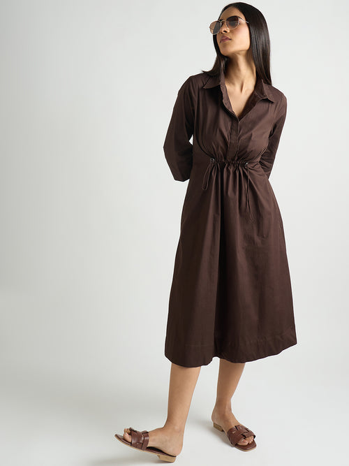 Coffee Brown Poplin Cinched Waist Midi Dress