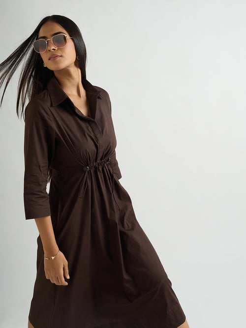 Coffee Brown Poplin Cinched Waist Midi Dress