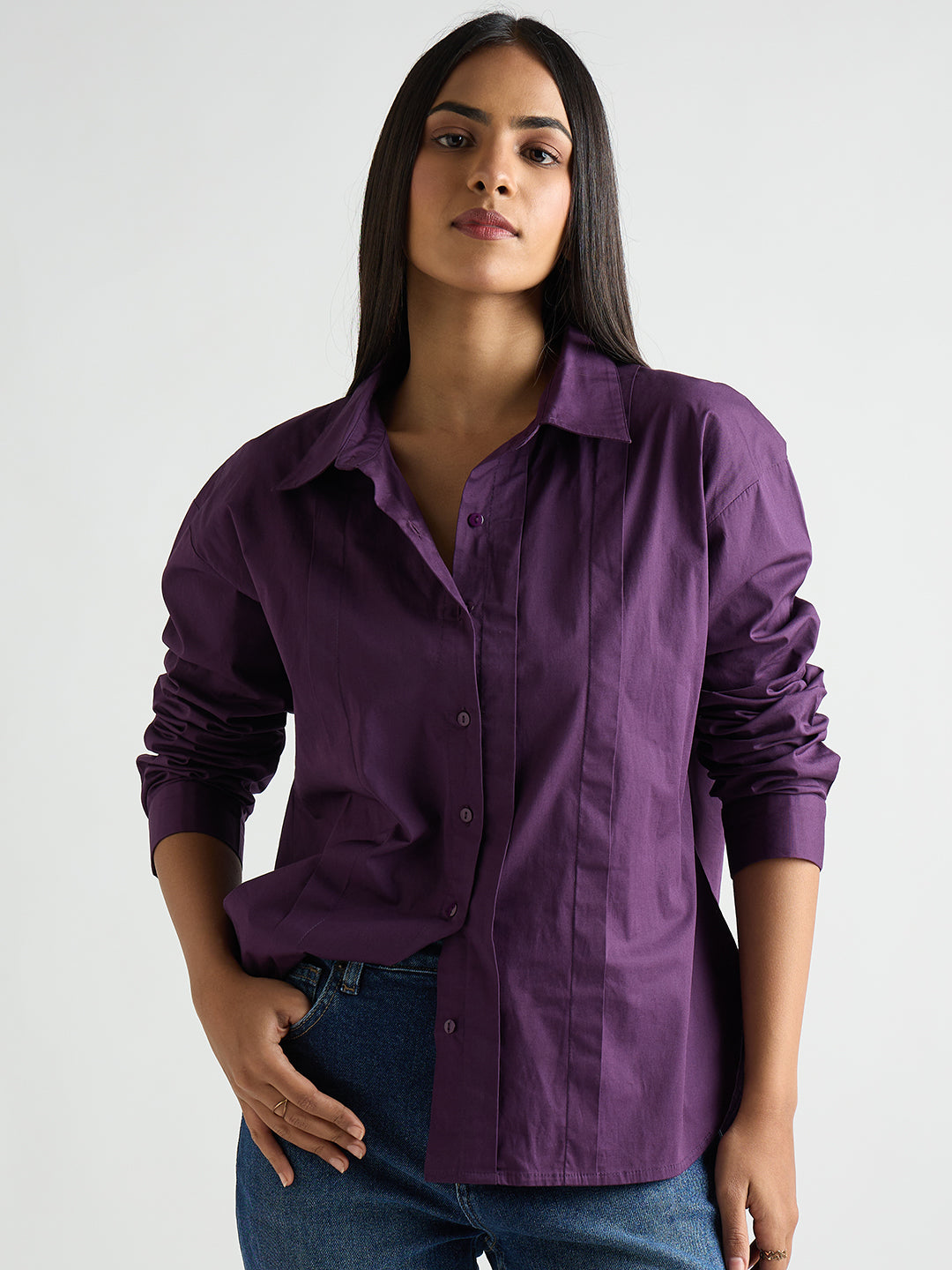 Deep Purple Poplin Pleated Shirt