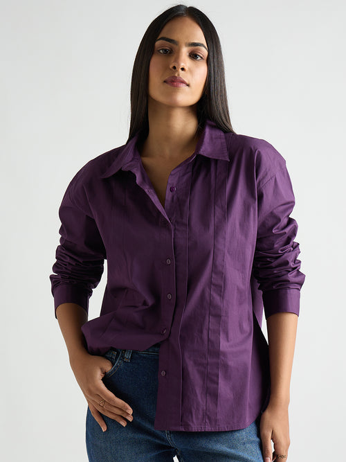 Deep Purple Poplin Pleated Shirt