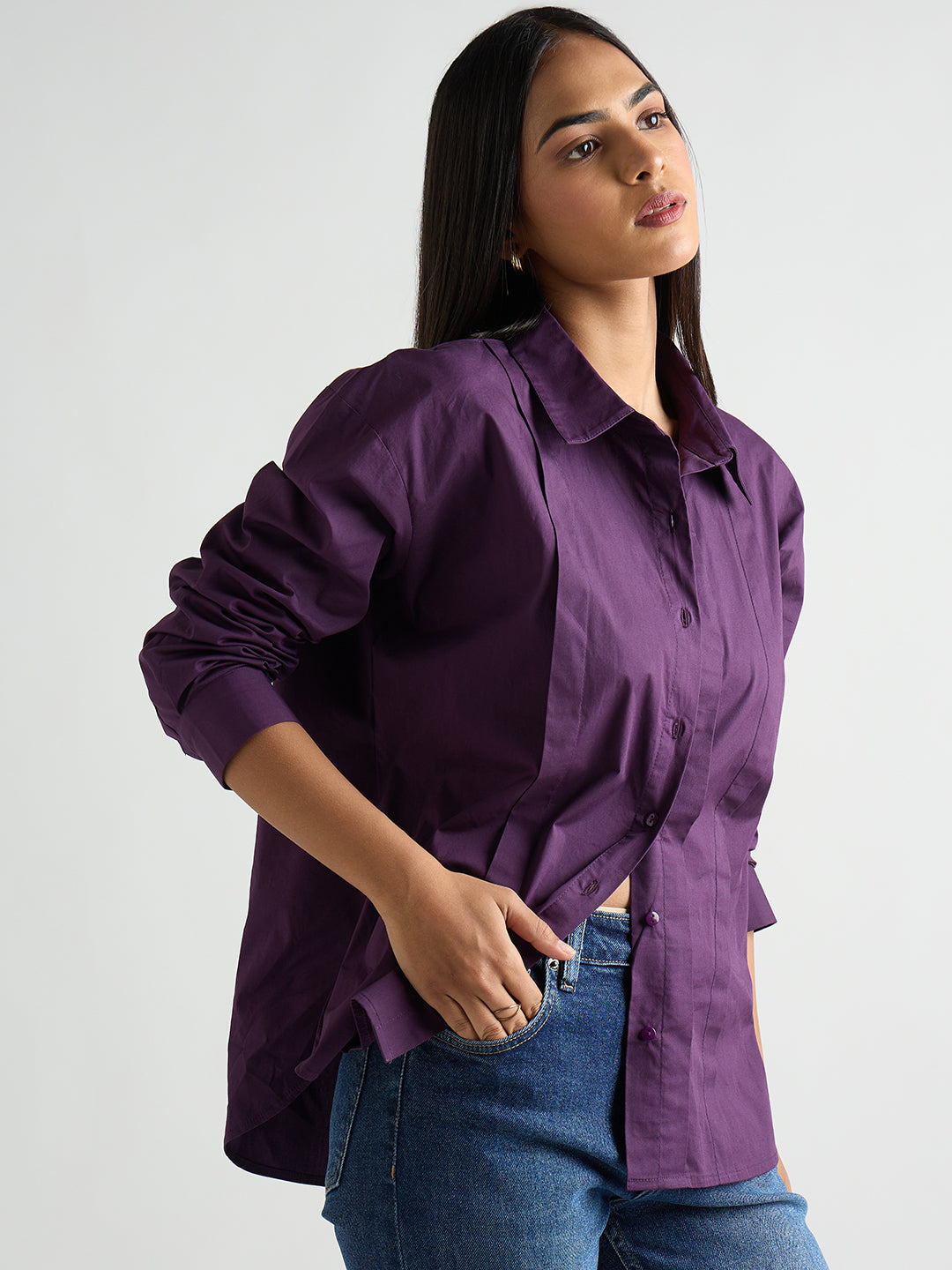 Deep Purple Poplin Pleated Shirt