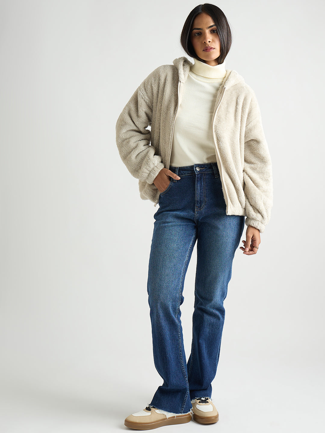 Light Grey Zip-Up Fur Hoodie