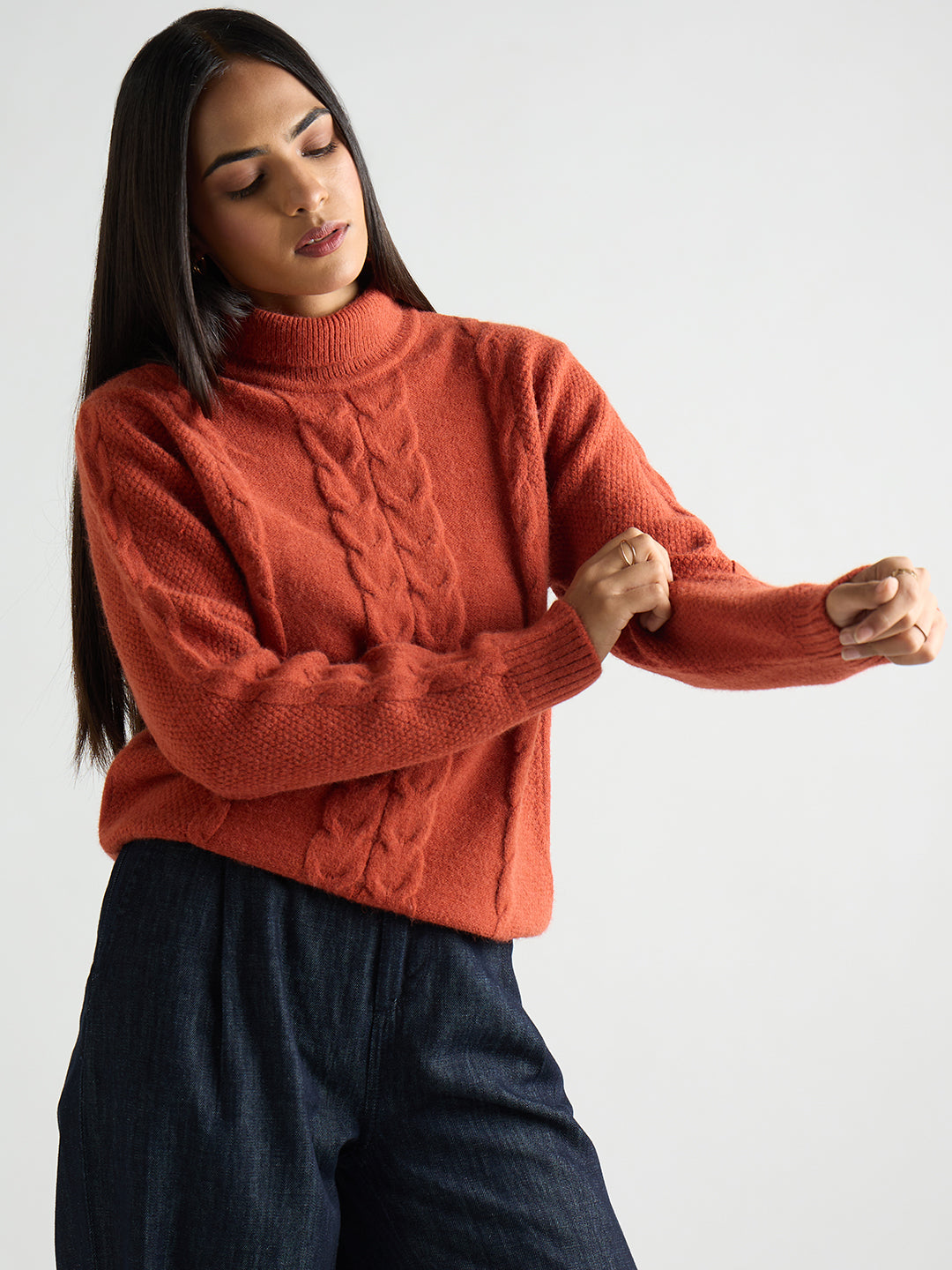 Rust Turtle Neck Cable Knit Sweater