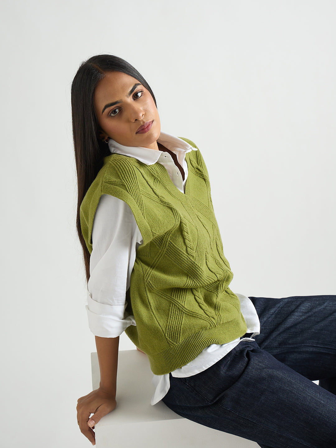 Citrine Green Cable Knit Sweater Vest