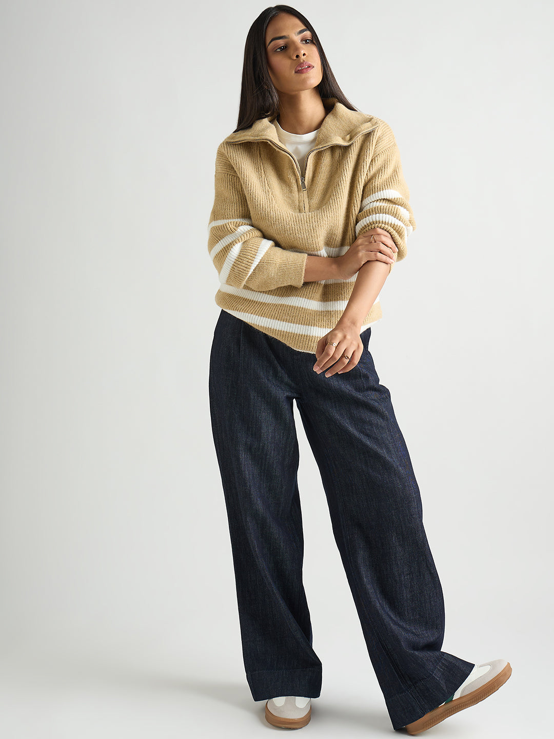 Beige & White Striped Half Zipper Sweater