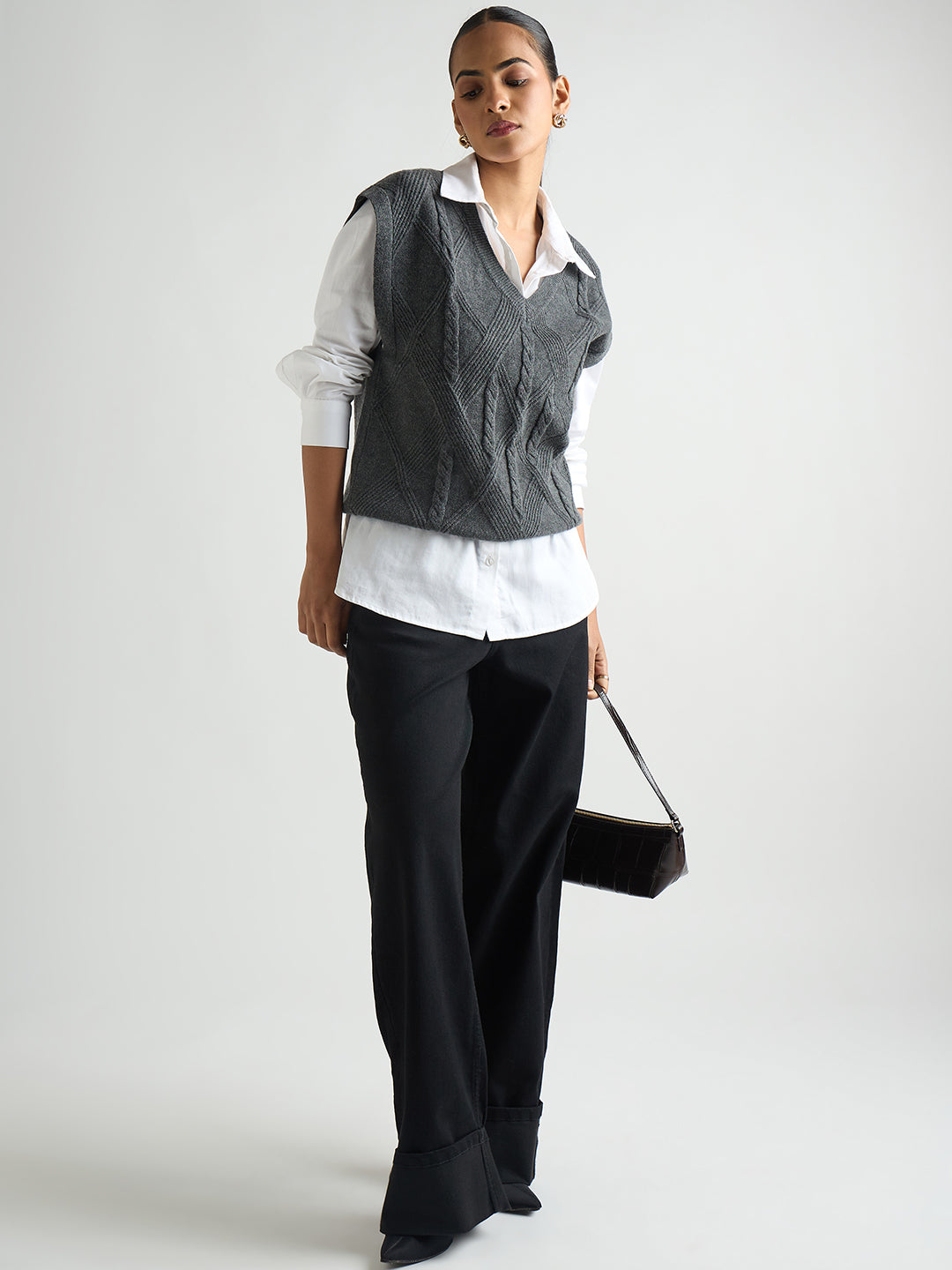 Grey Melange Cable Knit Sweater Vest