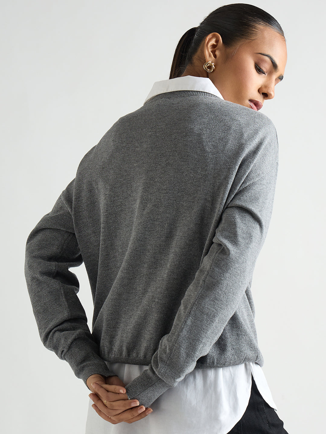 Grey Melange Pintuck Detail Sweater