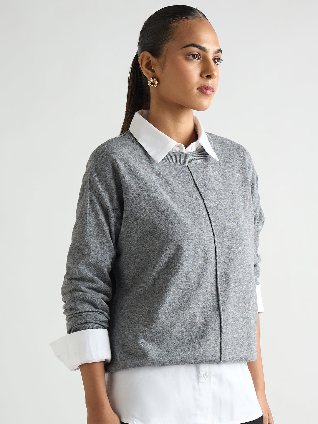 Grey Melange Pintuck Detail Sweater