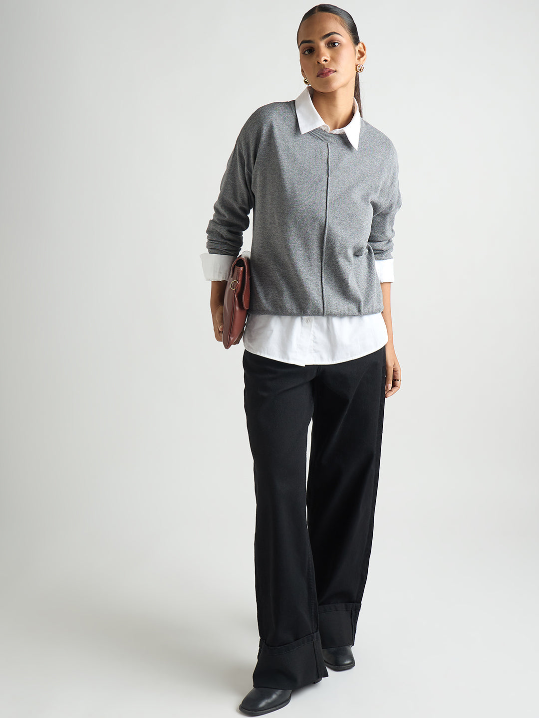 Grey Melange Pintuck Detail Sweater