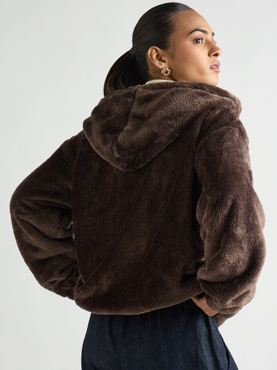 Coffee Brown Zip-Up Fur Hoodie