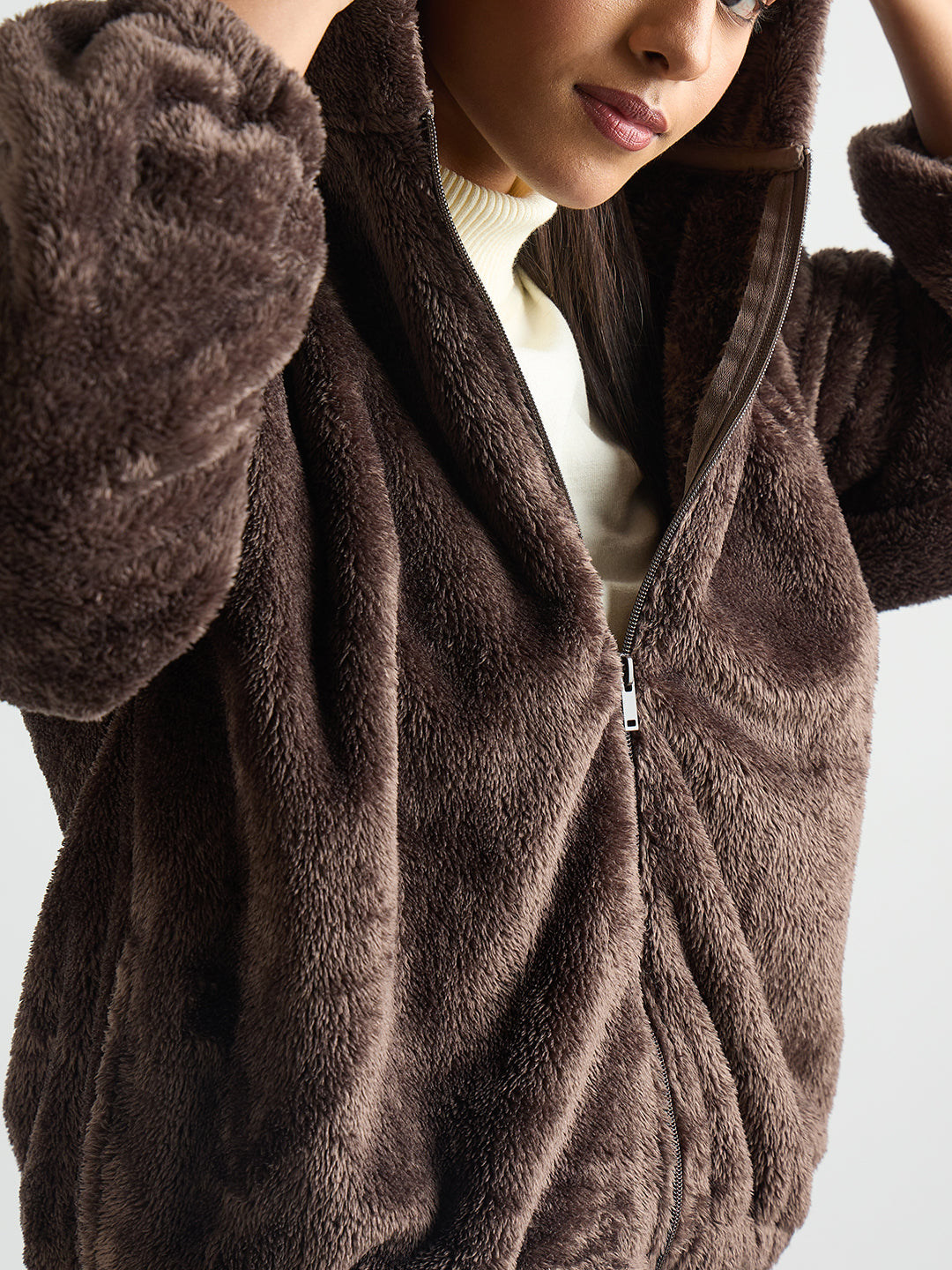 Coffee Brown Zip-Up Fur Hoodie