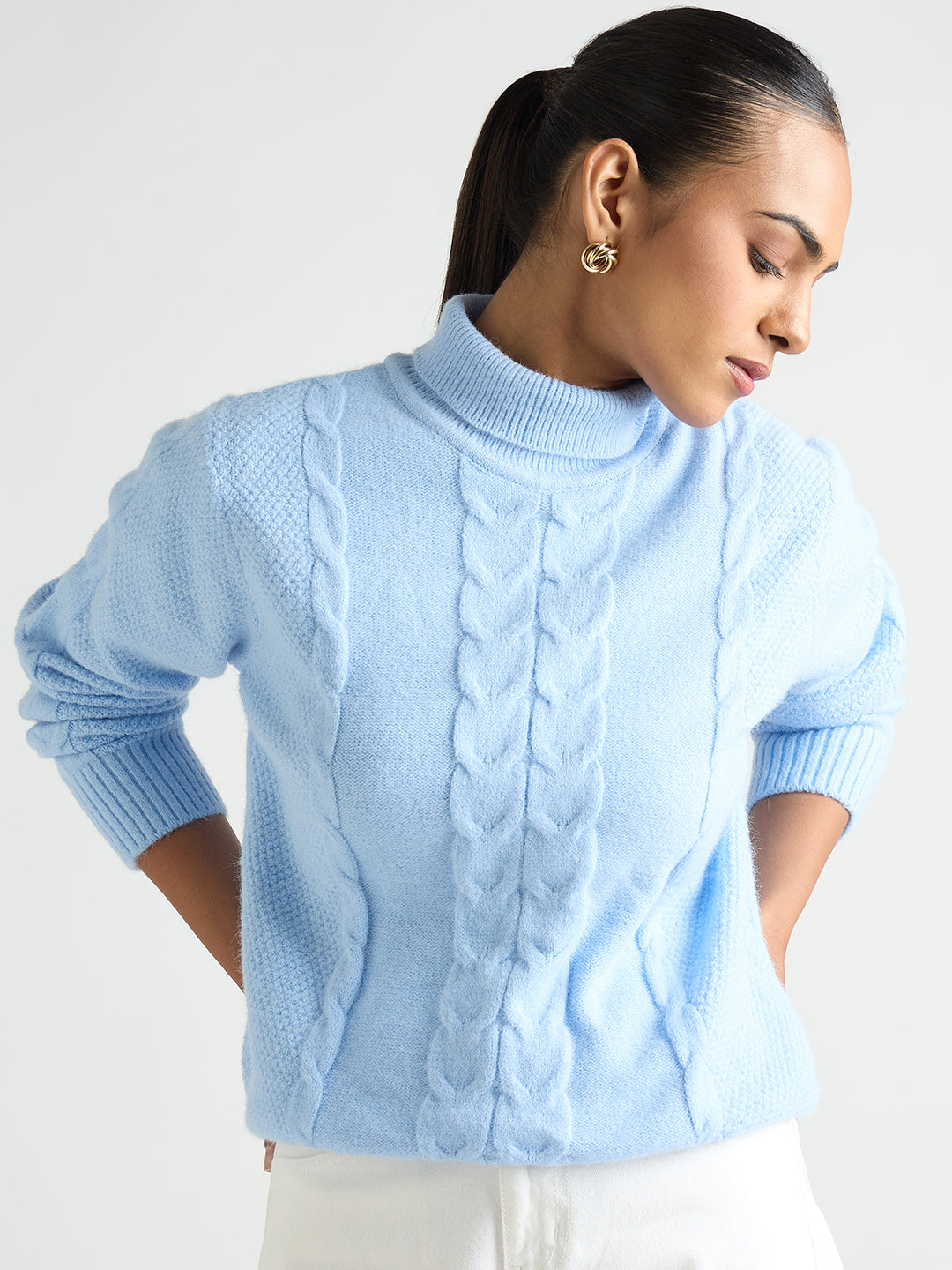 Light Blue Turtle Neck Cable Knit Sweater