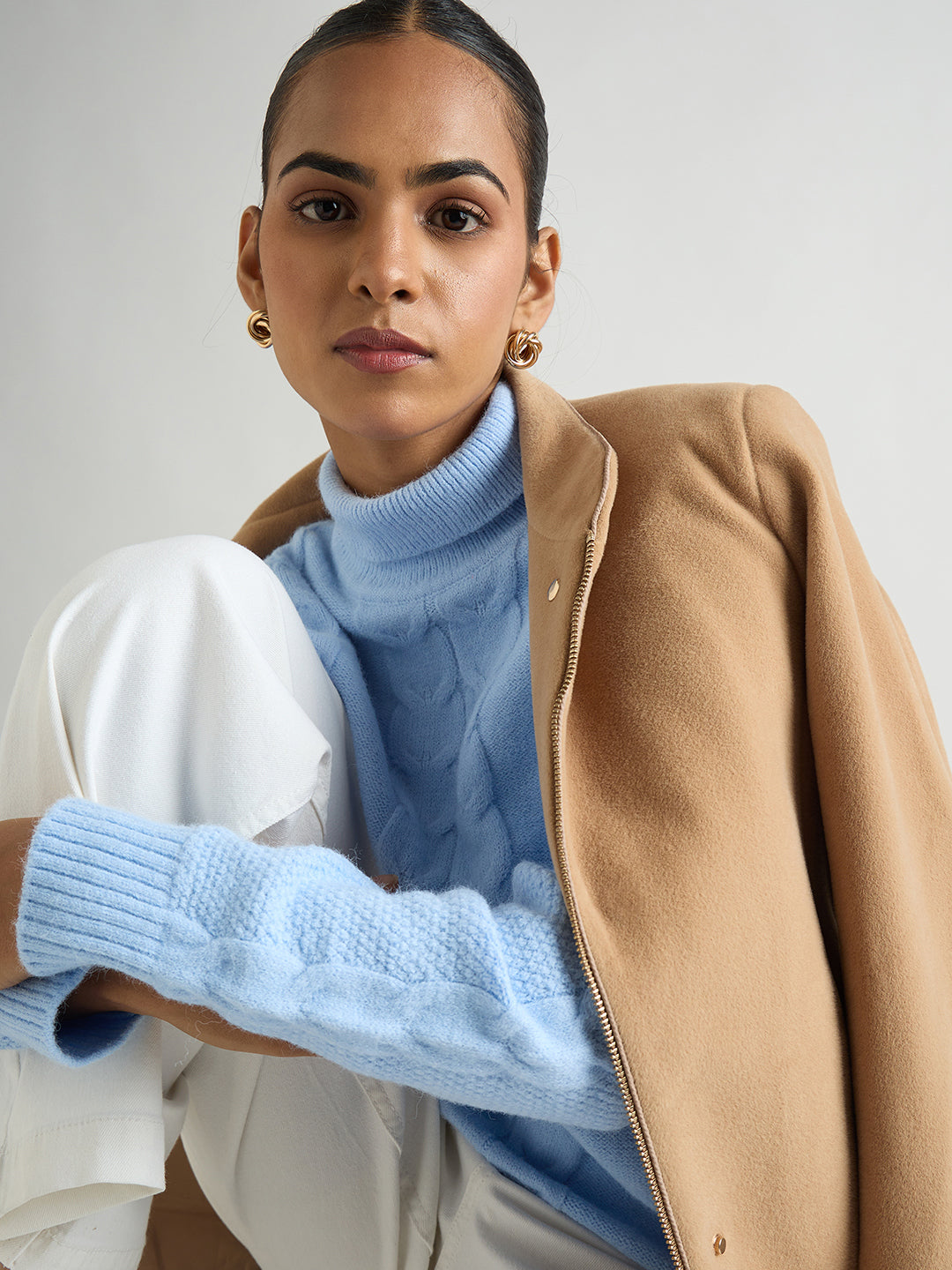 Light Blue Turtle Neck Cable Knit Sweater