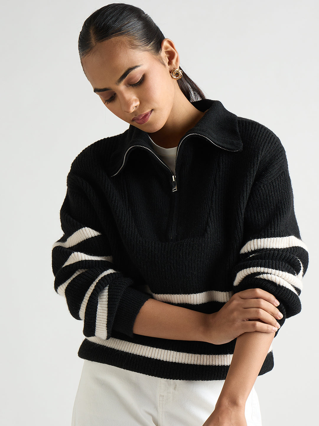 Black & White Striped Half Zipper Sweater