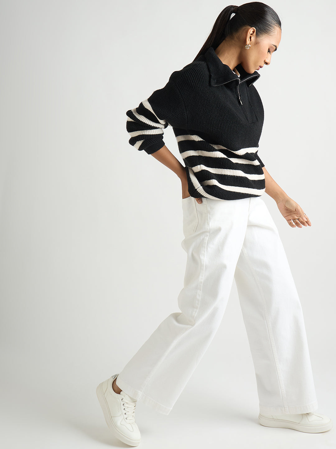 Black & White Striped Half Zipper Sweater