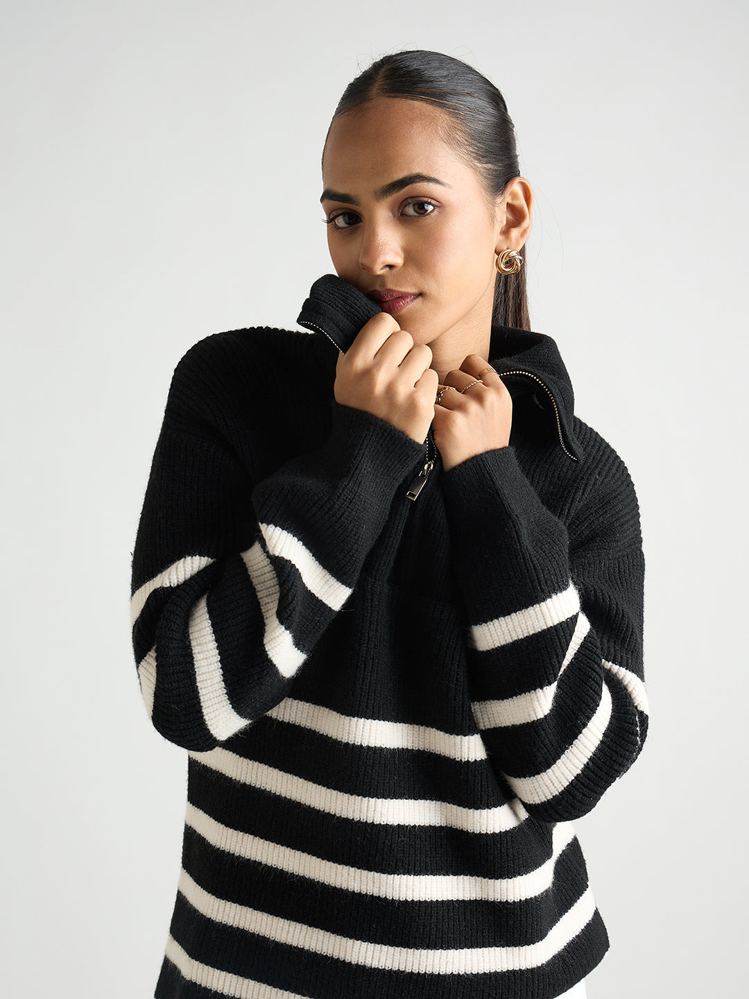 Black & White Striped Half Zipper Sweater