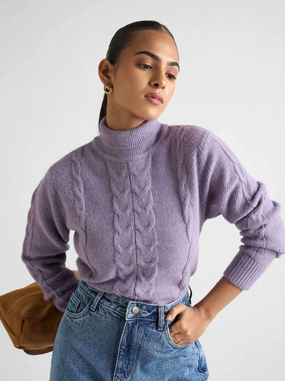 Lilac Turtle Neck Cable Knit Sweater