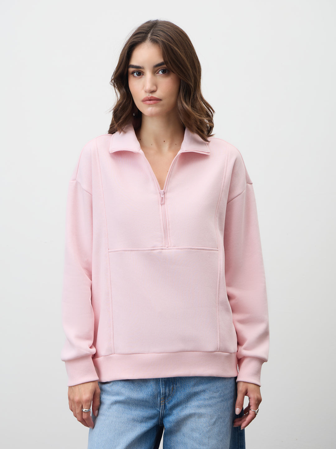 Powder Pink Half Zipper Fleece Sweatshirt