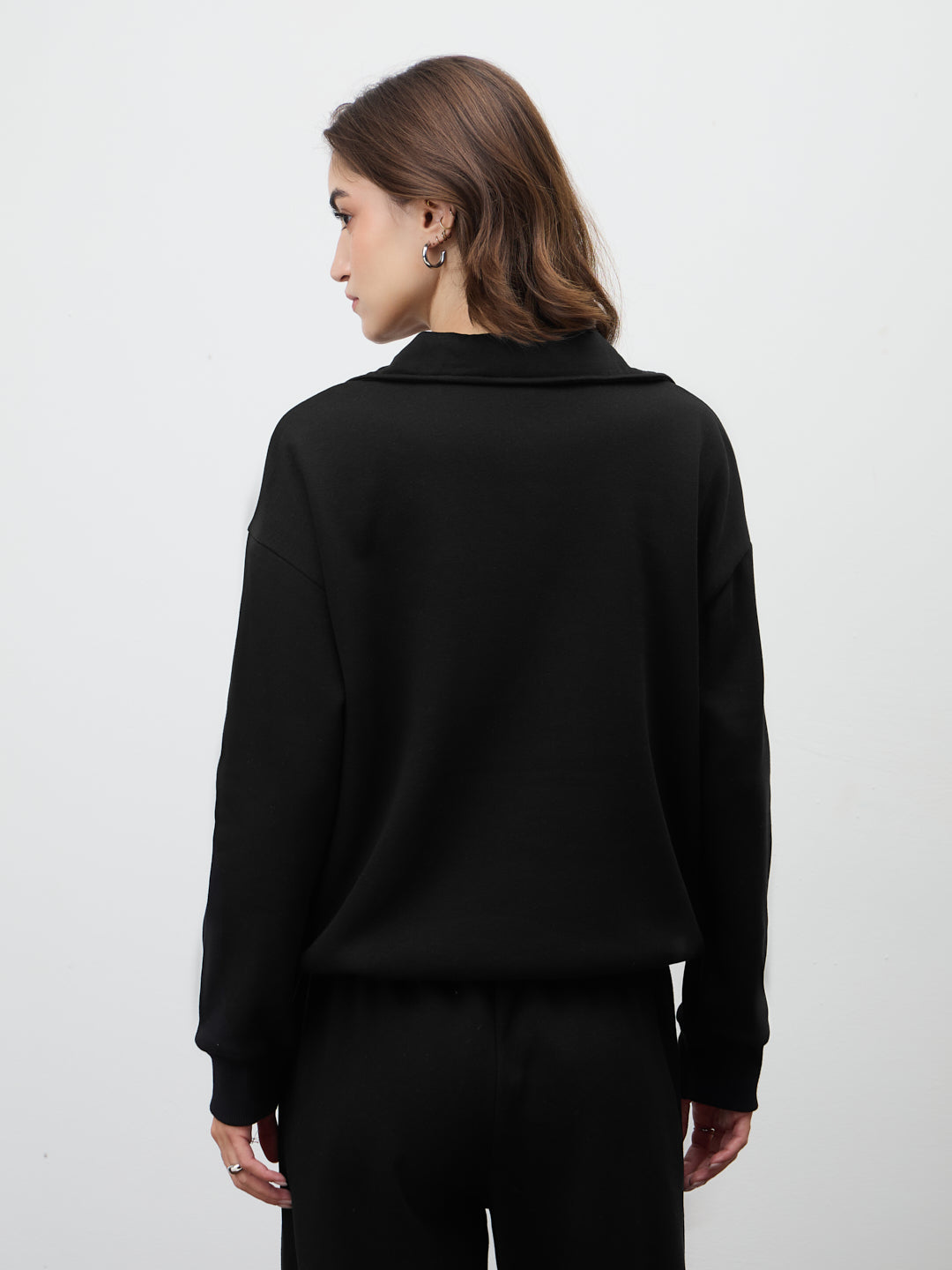 Black Half Zipper Fleece Crop Sweatshirt