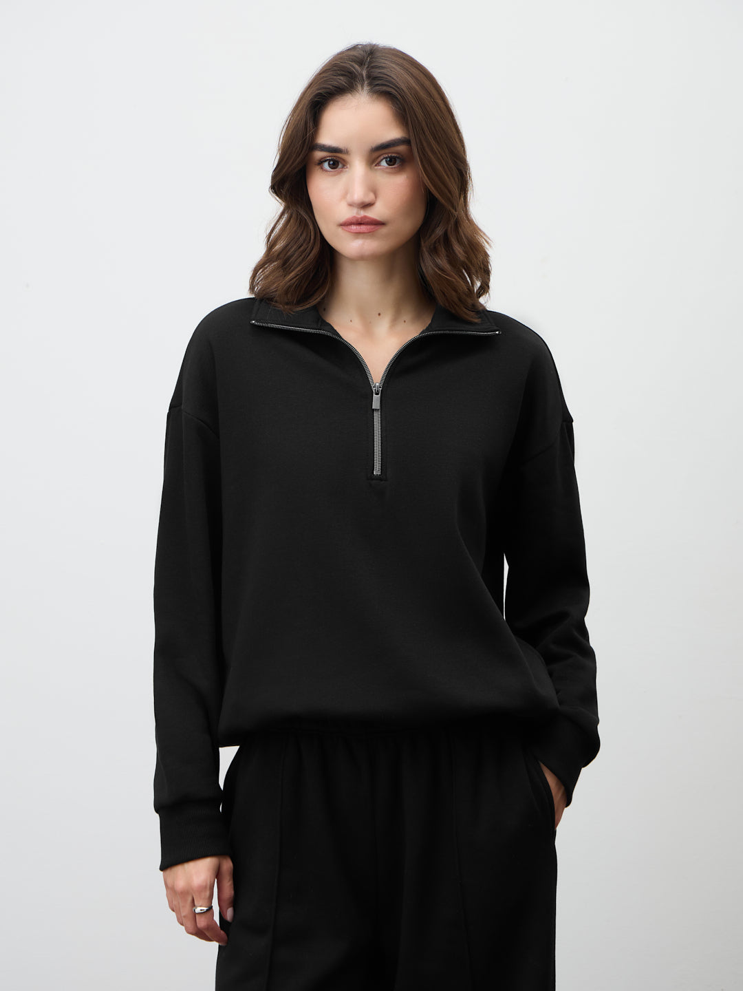 Black Half Zipper Fleece Crop Sweatshirt