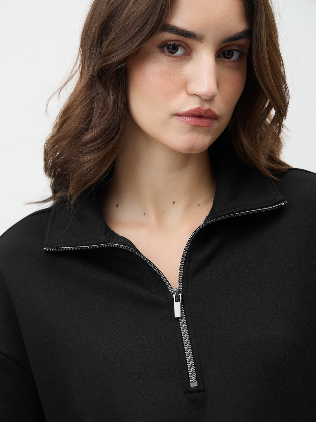 Black Half Zipper Fleece Crop Sweatshirt