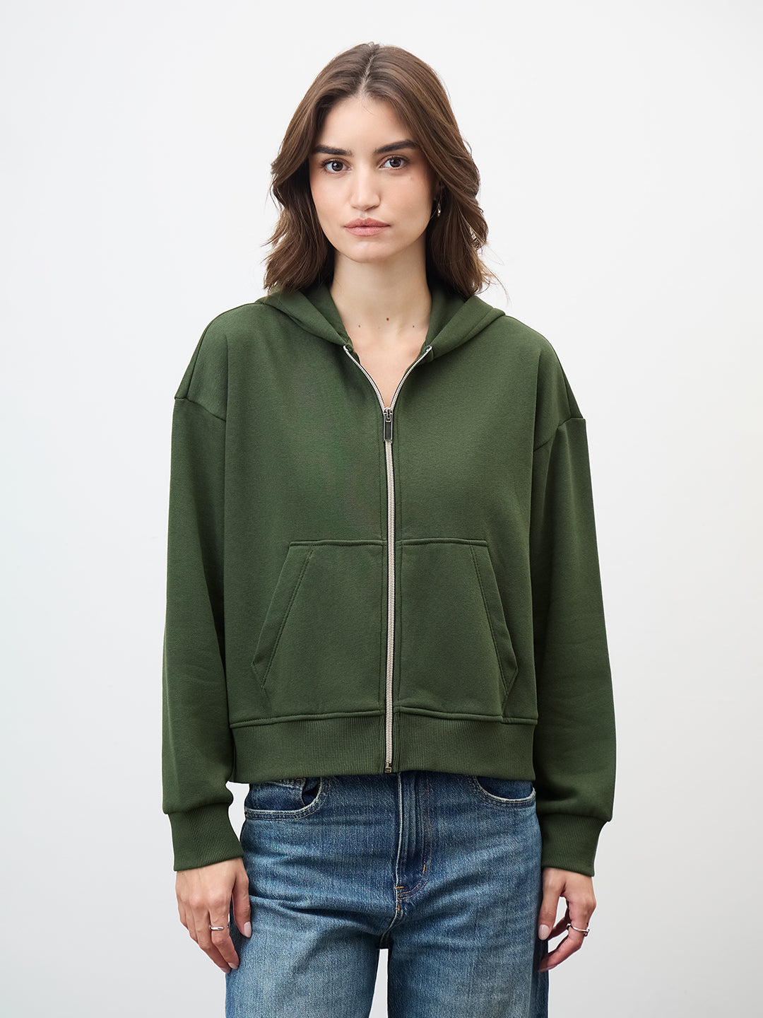 Olive Zip-Up Fleece Crop Hoodie
