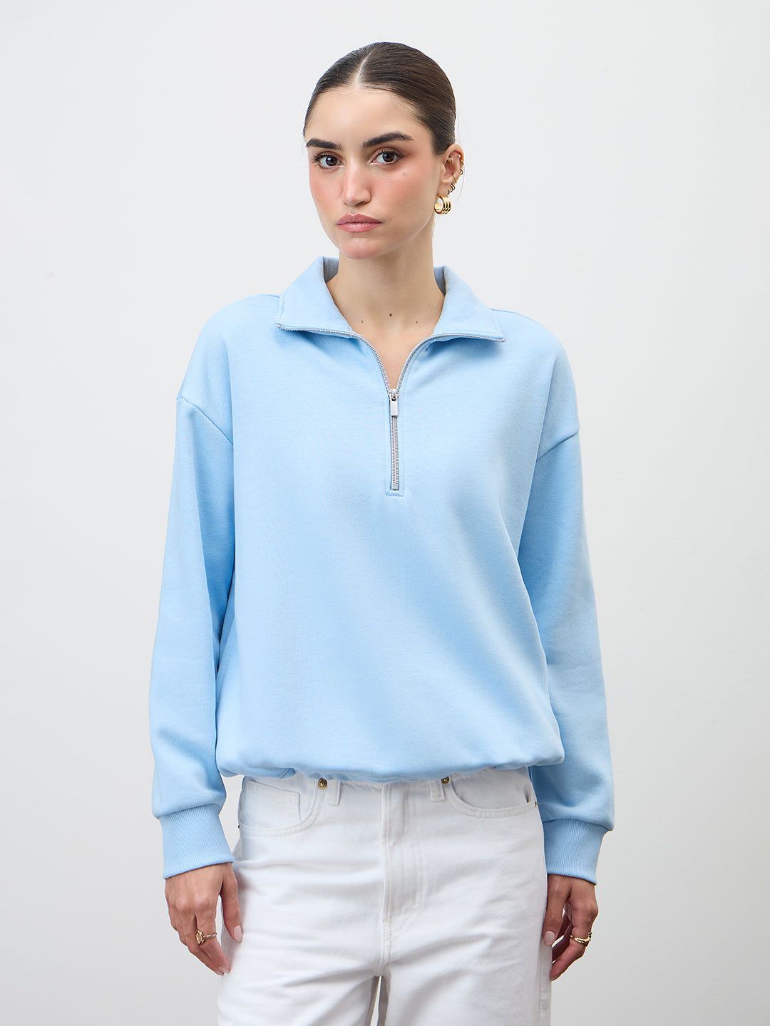 Icy Blue Half Zipper Fleece Crop Sweatshirt