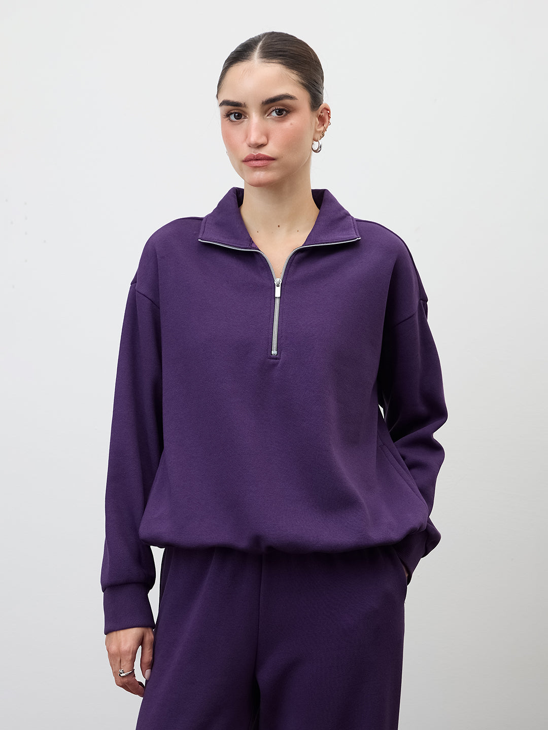 Purple Half Zipper Fleece Crop Sweatshirt